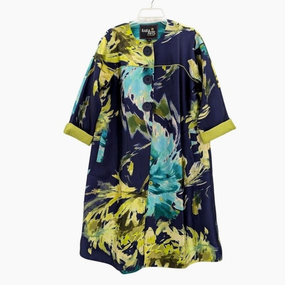RARA AVIS Iris Apfel Jacket Medium Navy Green Abstract Floral Duster Art to Wear